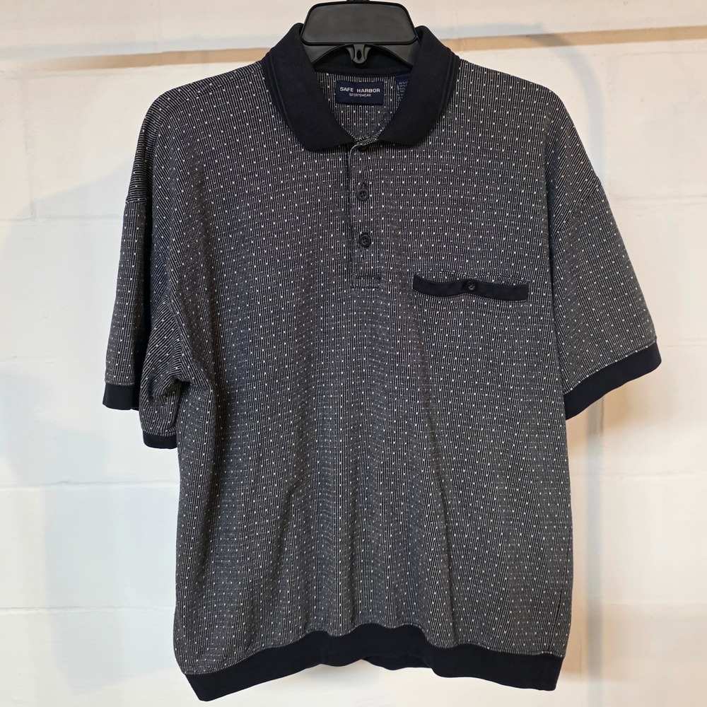 Vintage Safe Harbor Sportswear Mens‎ Large Navy Blue Geometric Knit Polo Shirt
